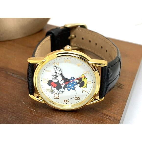 Disney Women's Watch Minnie Mouse WDS000410 Quartz Gold 35mm Black Leather Strap - Picture 7 of 13